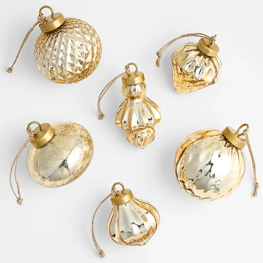 New! Crate&Barrel Gold Glass Ornament Collection, Set of 6